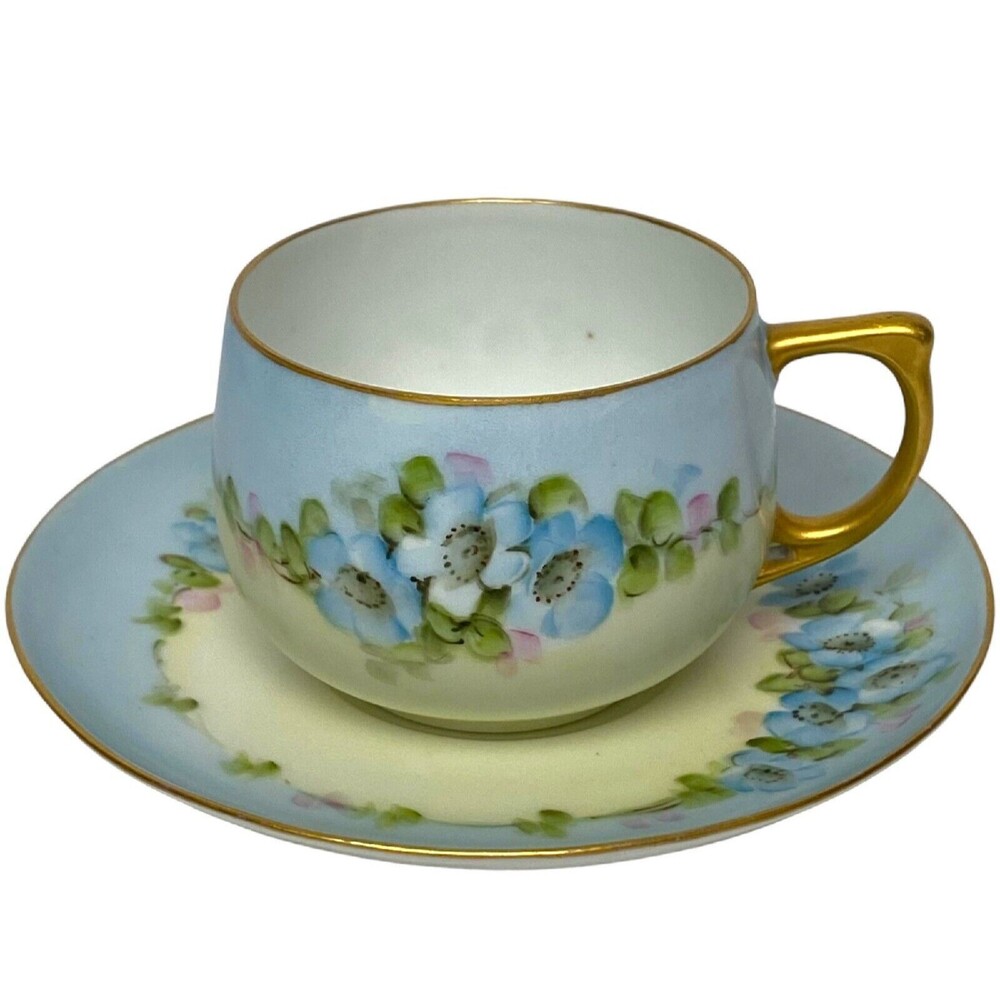 Vintage Tea Cup Saucer Moritz Zdekauer Austria Hand Painted Elegant Blue Floral - Picture 12 of 15